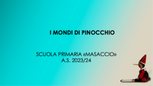 I mondi di Pinocchio. Sfondo celeste e burattino nell'angolo in basso a destra